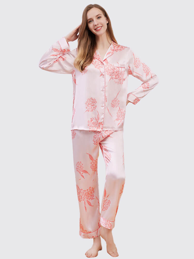 19 Momme Pink Hydrangea Printed Long Sleeve Silk Pajamas Set