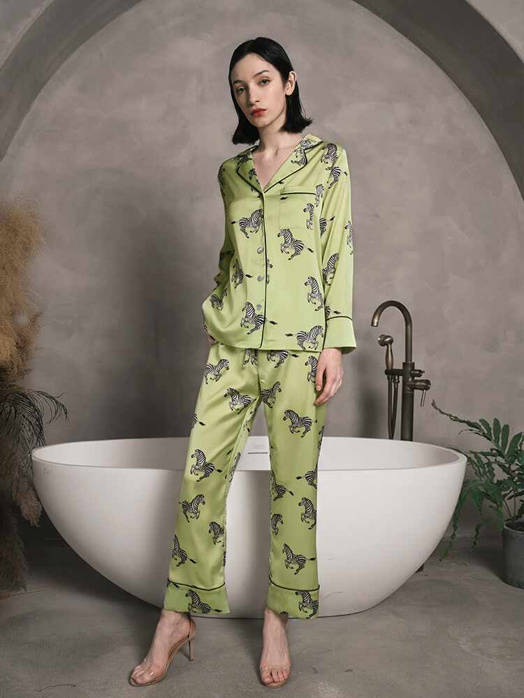 22 Momme Mint Green Silk Pajama Set with Zebra Print for Women