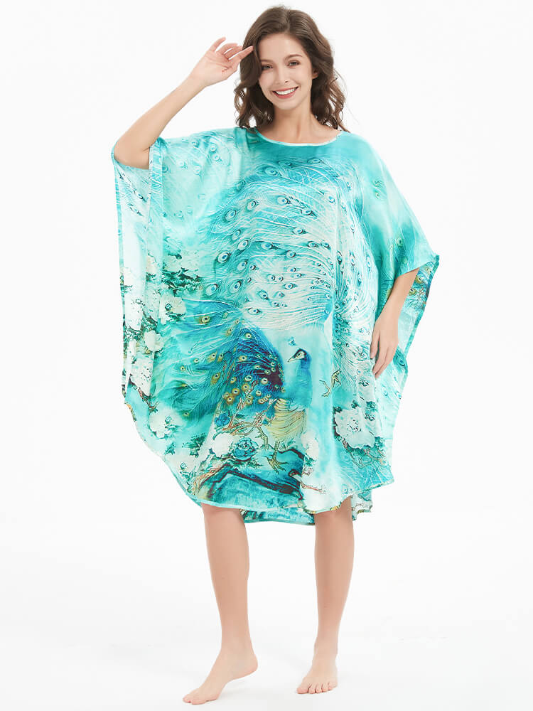 Peacock Floral Print Mulberry Silk Oversized Caftan Nightgown