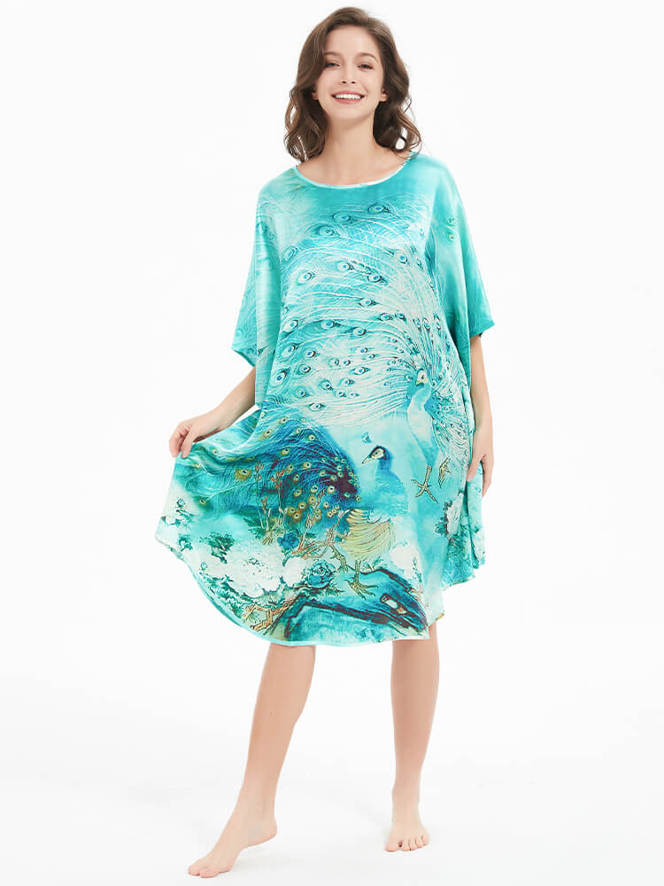 Peacock Floral Print Mulberry Silk Oversized Caftan Nightgown