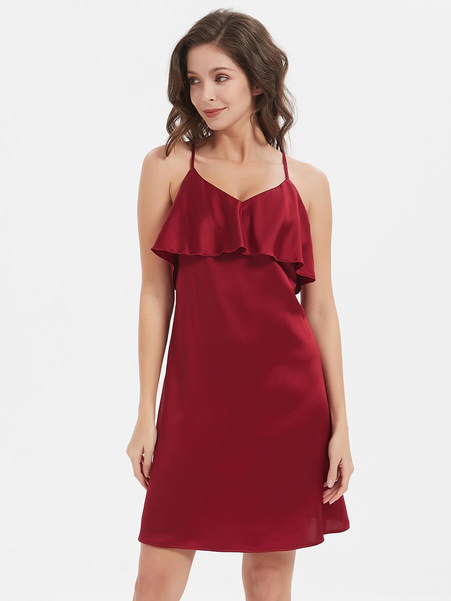 19 Momme Ruffle Bump Friendly Claret Silk Chemise Nightgown