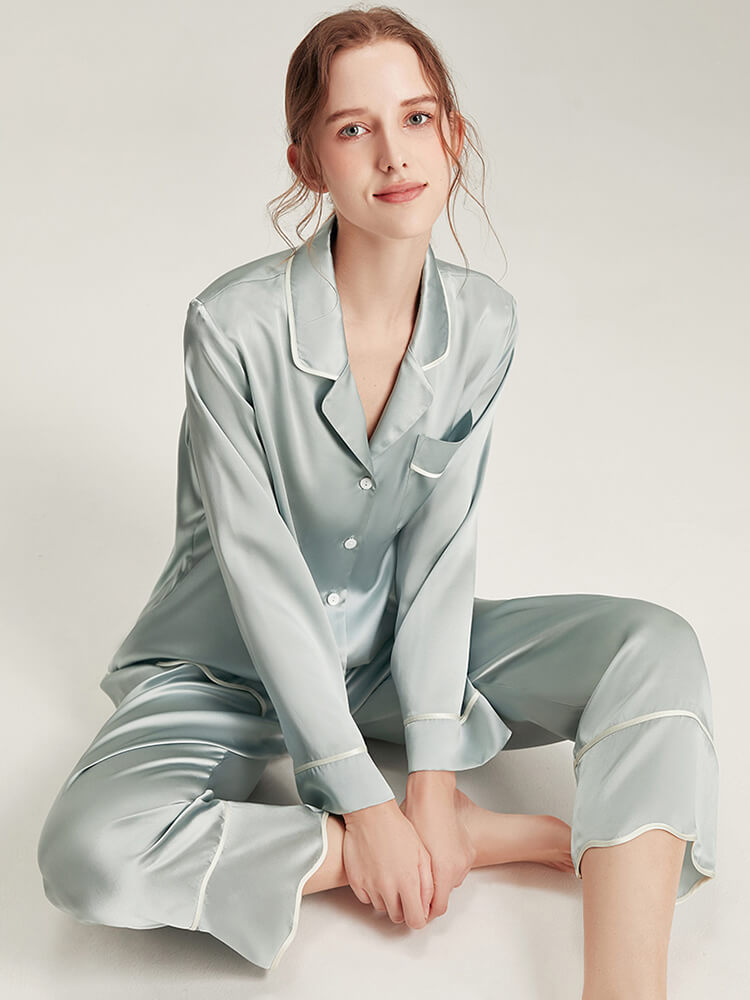 22 Momme Chic Wavy Edge Design Long Sleeve Silk Pajamas Set