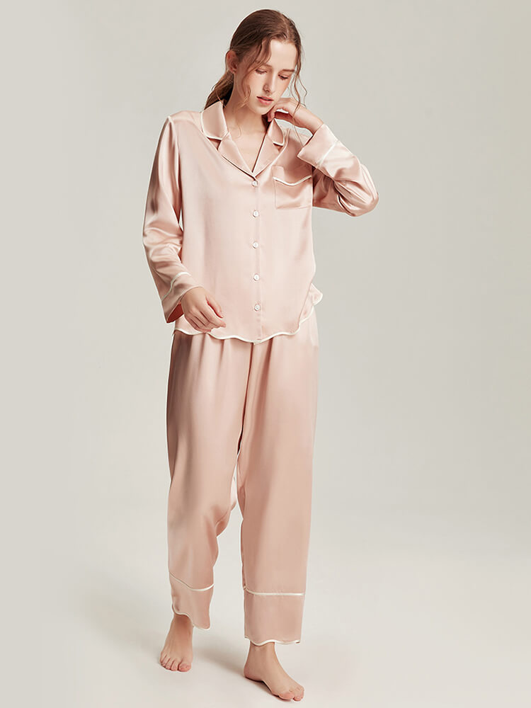 22 Momme Chic Wavy Edge Design Long Sleeve Silk Pajamas Set