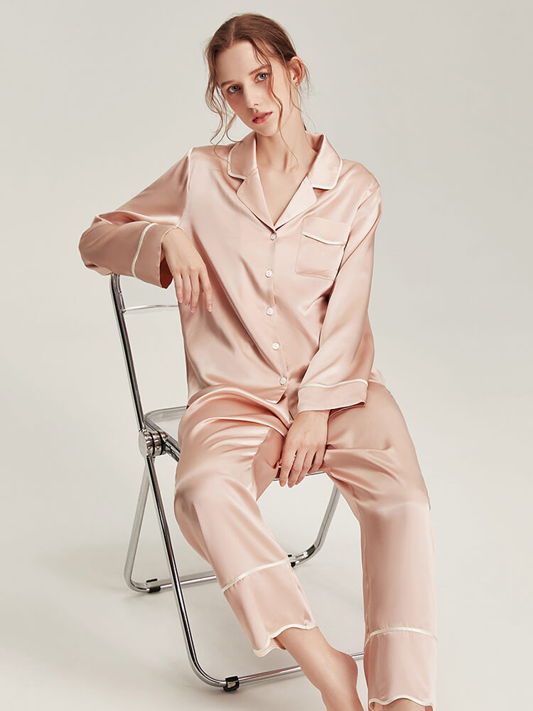 22 Momme Chic Wavy Edge Design Long Sleeve Silk Pajamas Set