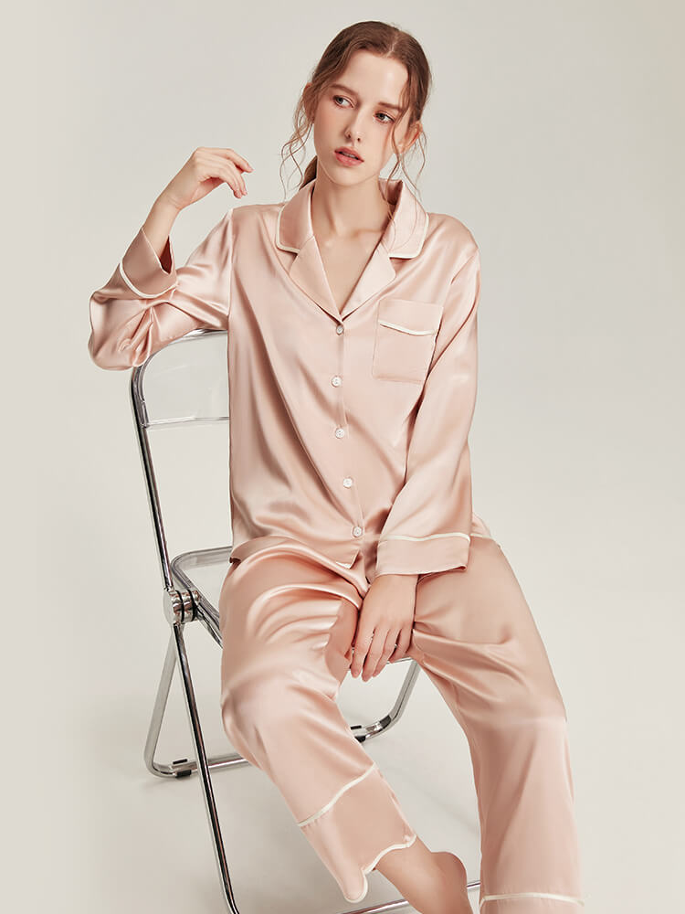 22 Momme Chic Wavy Edge Design Long Sleeve Silk Pajamas Set