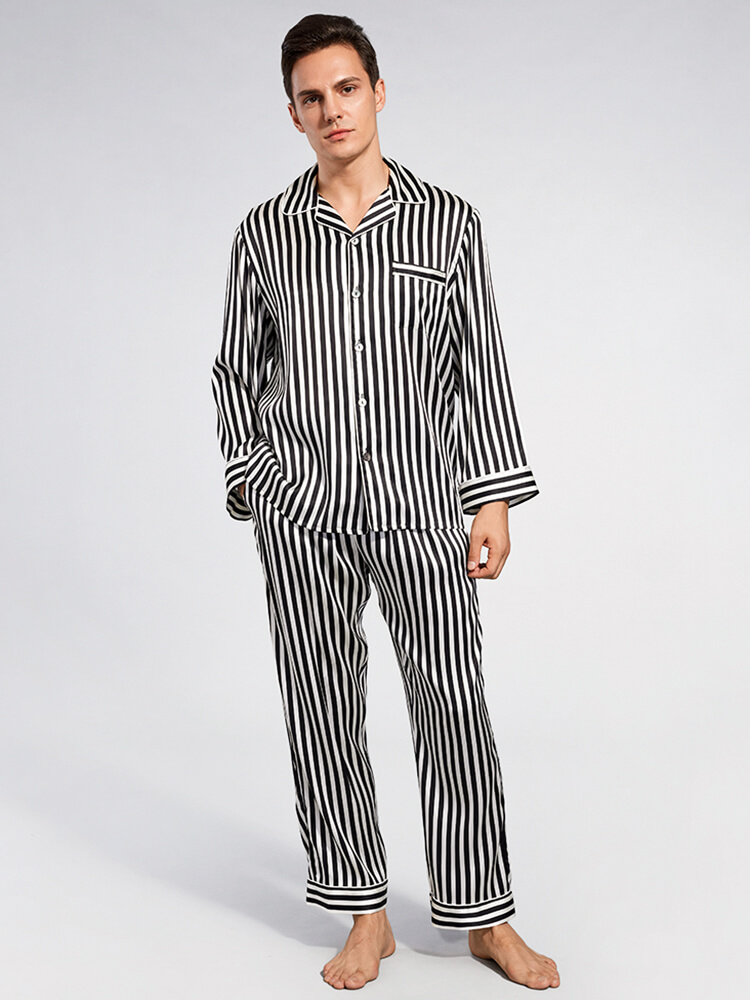 19 Momme Black and White Striped Long Silk Pajama Set for Men [FS223] -  $269.00 : FreedomSilk, Best Silk Pillowcases, Silk Sheets, Silk Pajamas For  Women, Silk Nightgowns Online Store