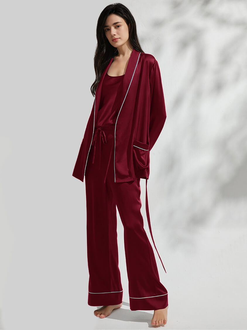 19 Momme Classic Trimmed Long Silk Pajama Set For Women [FS047