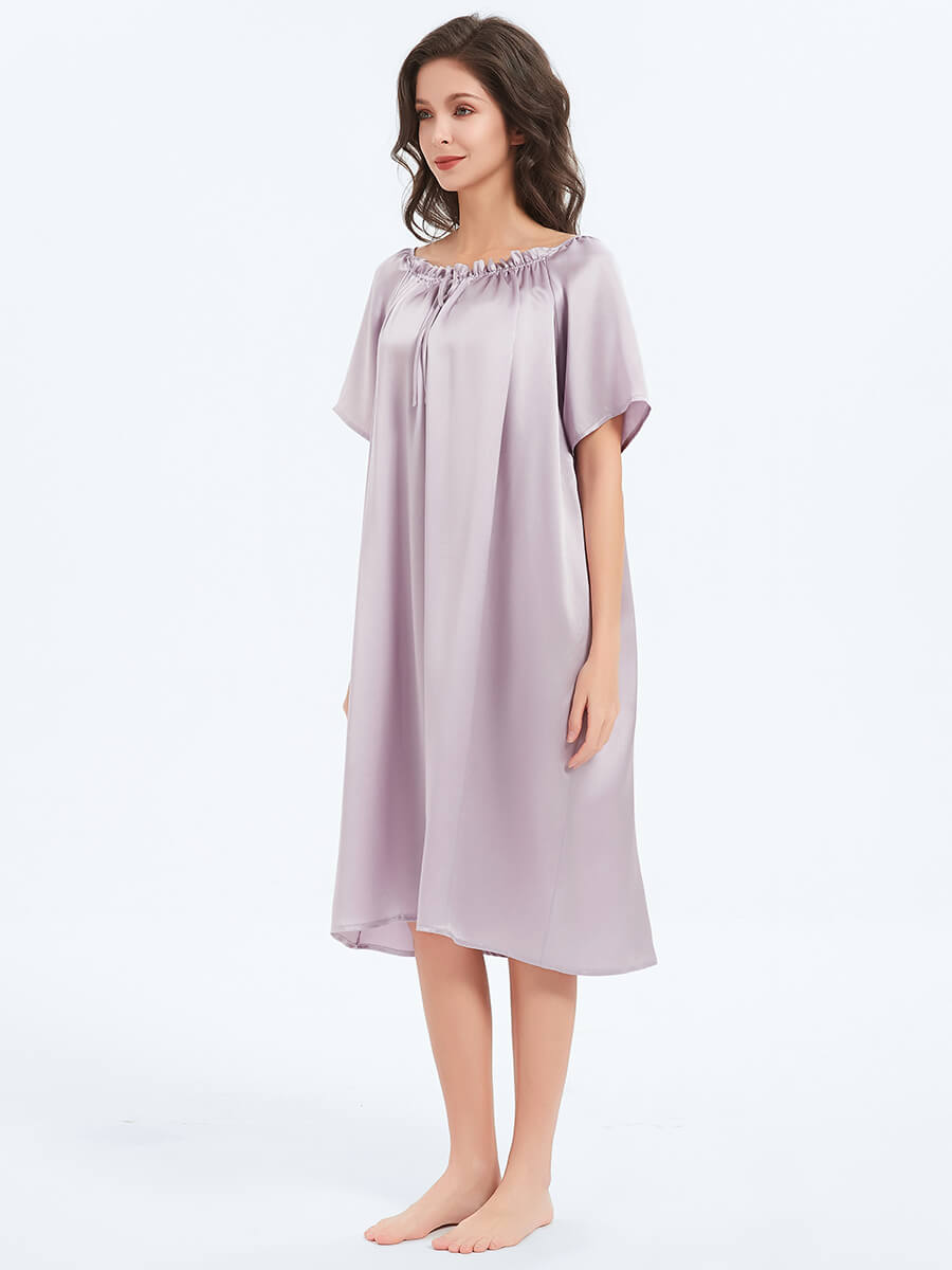 22MM Comfortable Ruffled Neckline Short Sleeved Silk Nightgown