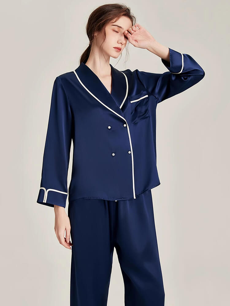 22 Momme Chic Piped Women Luxurious Two Piece Silk Pajamas Set