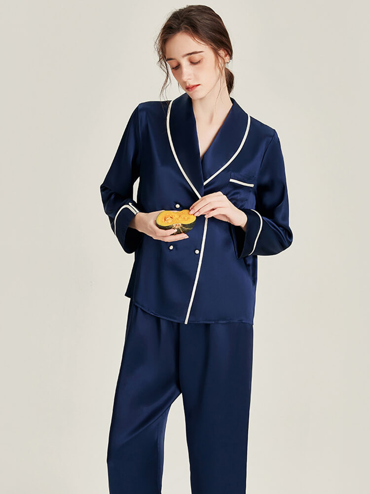 22 Momme Chic Piped Women Luxurious Two Piece Silk Pajamas Set