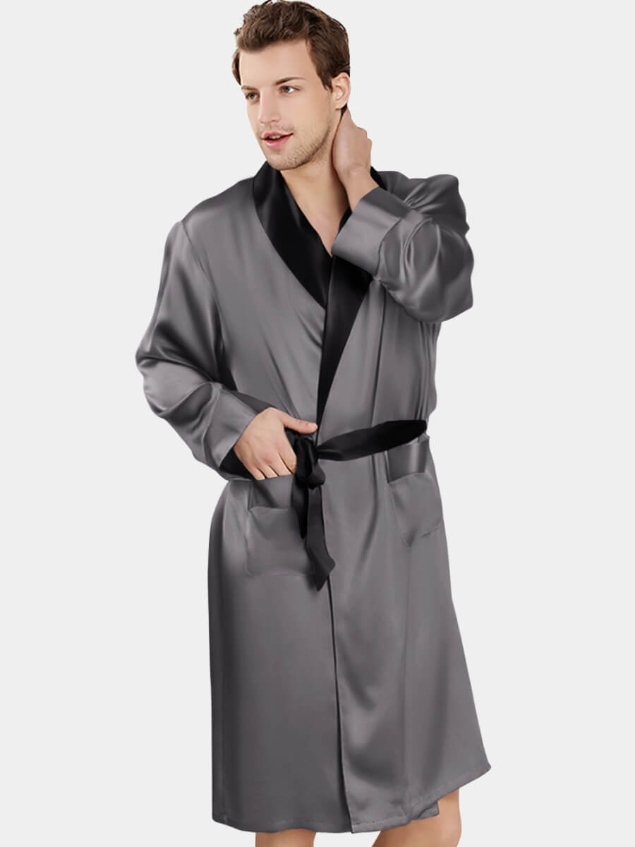 100% Men's Silk Robe Luxury Long Silk Bathrobe Pure Male Silk Robes - Navy  Blue / XS