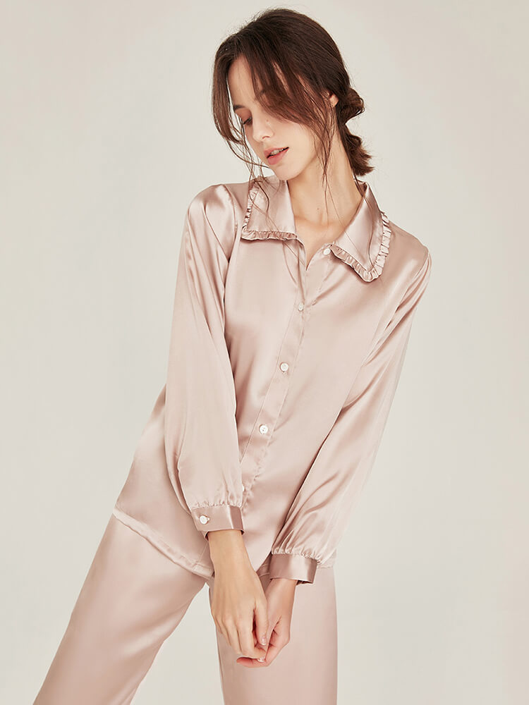 22MM Women Two Piece Silk Pajamas Set with Sweet Ruffled Collar