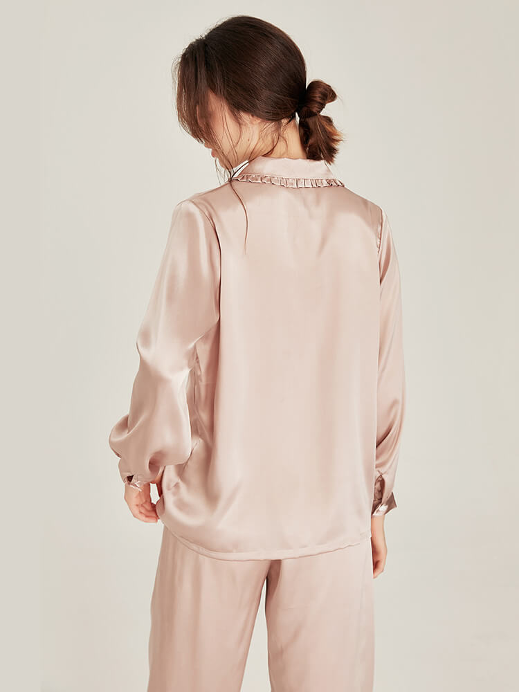 22MM Women Two Piece Silk Pajamas Set with Sweet Ruffled Collar