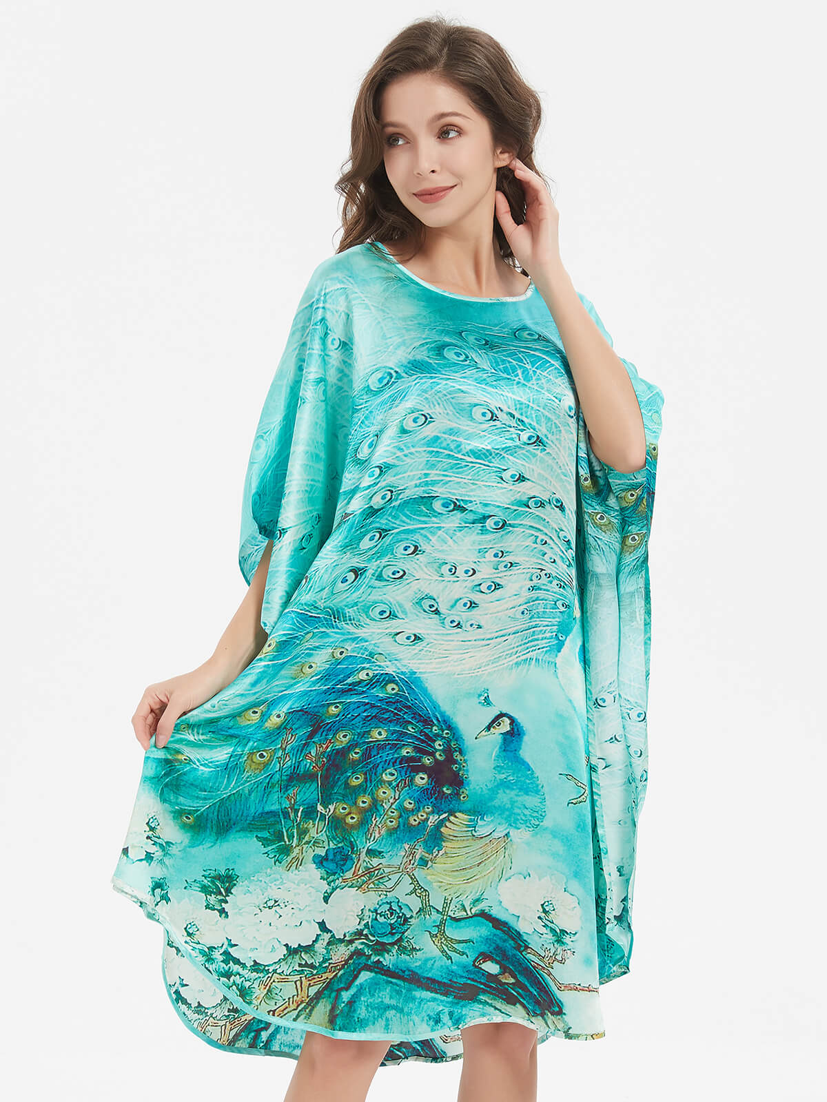 19 Momme Turquoise Peacock Printed Silk Caftan Nightgown
