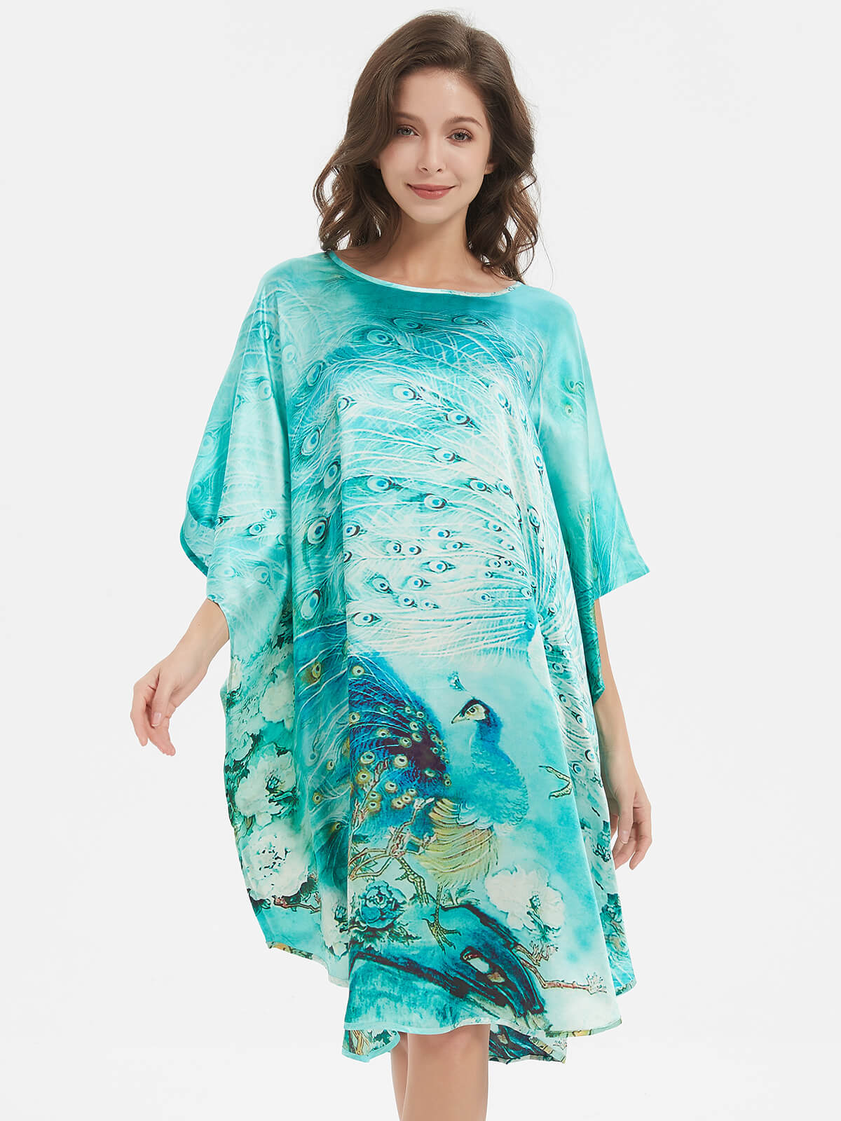 19 Momme Turquoise Peacock Printed Silk Caftan Nightgown