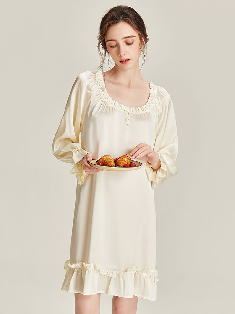 22 Momme Ruffled Ivory Long Sleeve Silk Nightgown