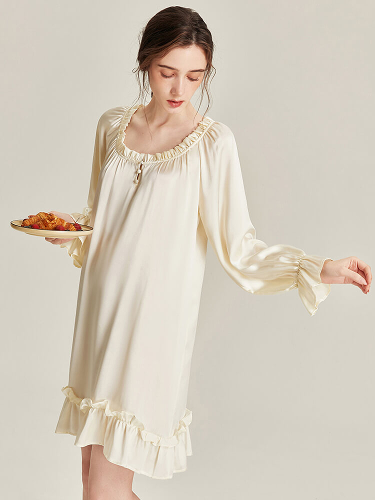 22 Momme Ruffled Ivory Long Sleeve Silk Nightgown