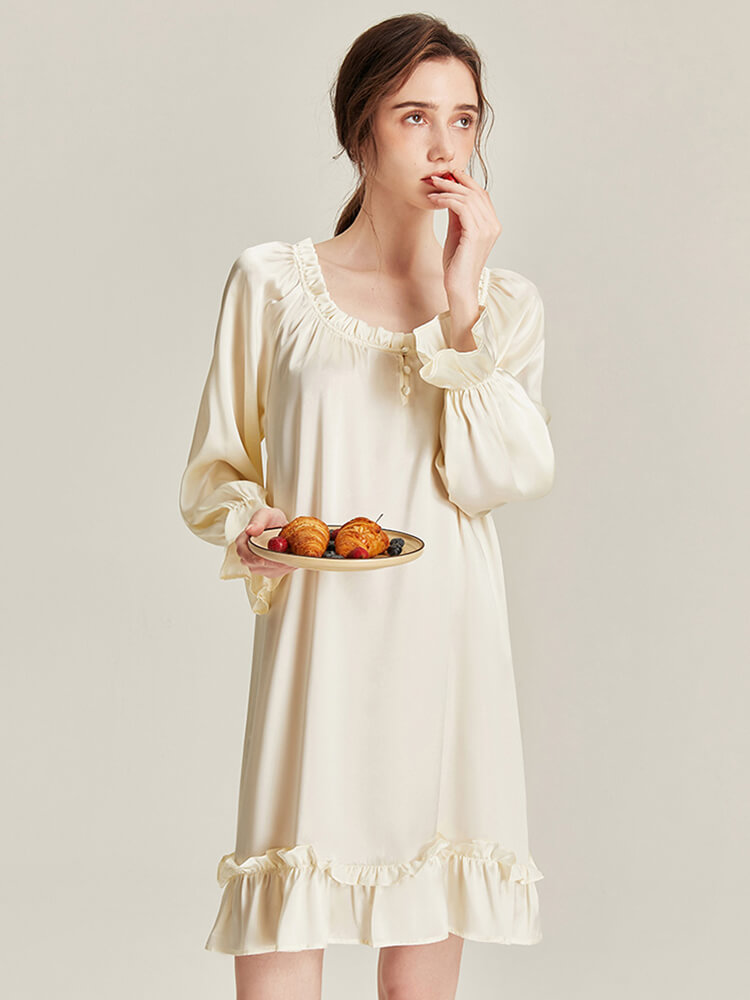 22 Momme Ruffled Ivory Long Sleeve Silk Nightgown