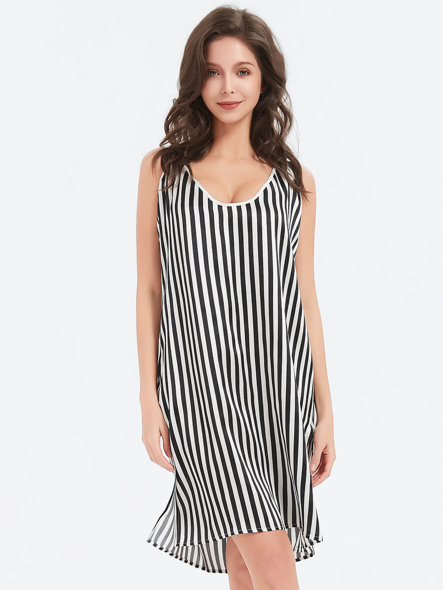 Vacation Black and White Striped Printed Loose Fit Silk Chemise