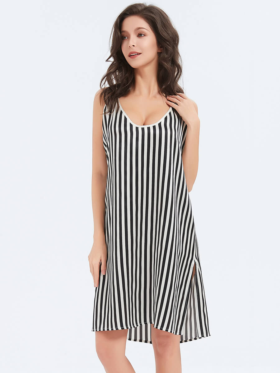 Vacation Black and White Striped Printed Loose Fit Silk Chemise