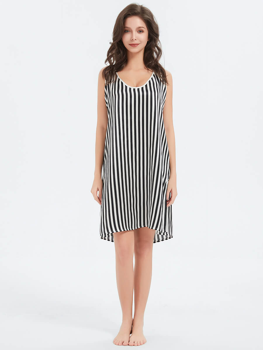 Vacation Black and White Striped Printed Loose Fit Silk Chemise