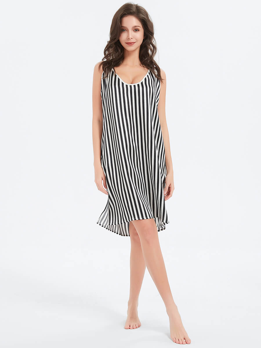 Vacation Black and White Striped Printed Loose Fit Silk Chemise