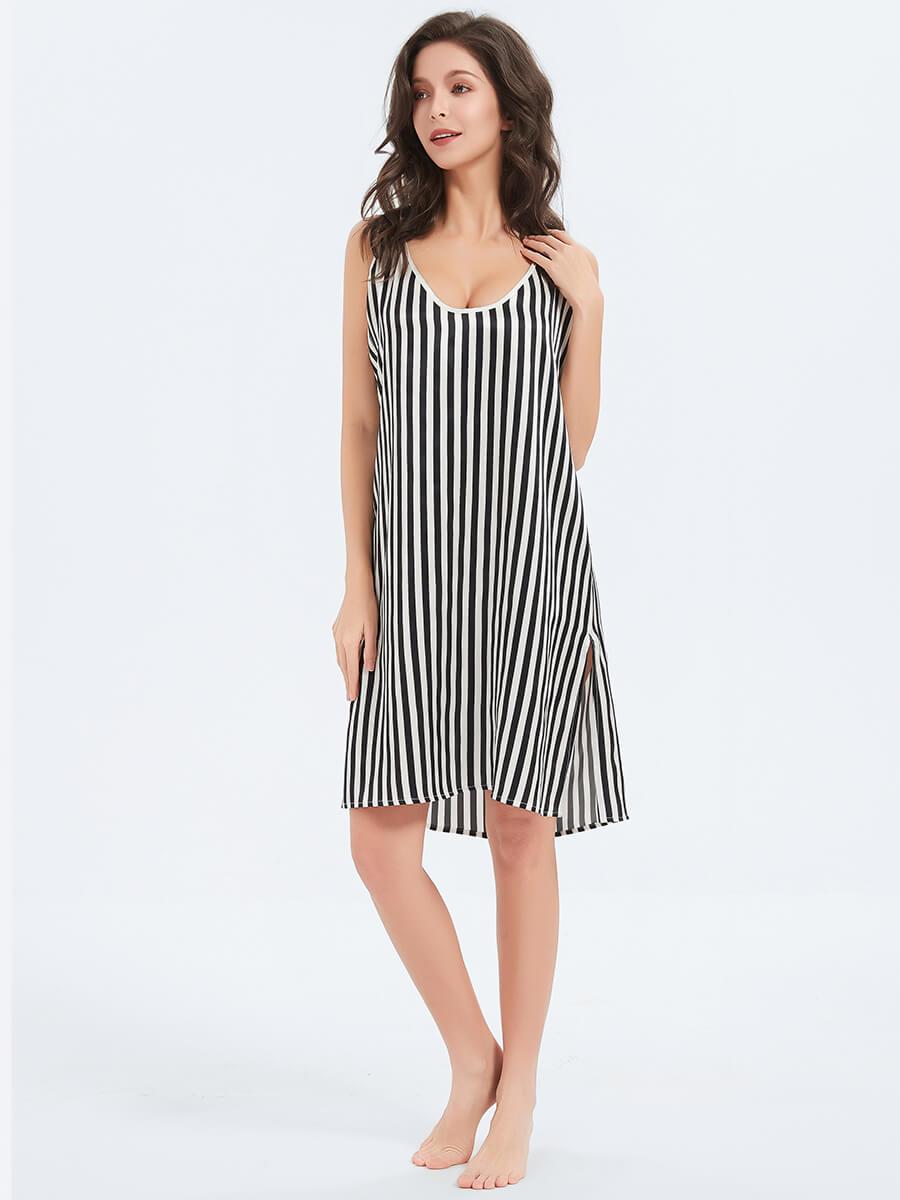 Vacation Black and White Striped Printed Loose Fit Silk Chemise