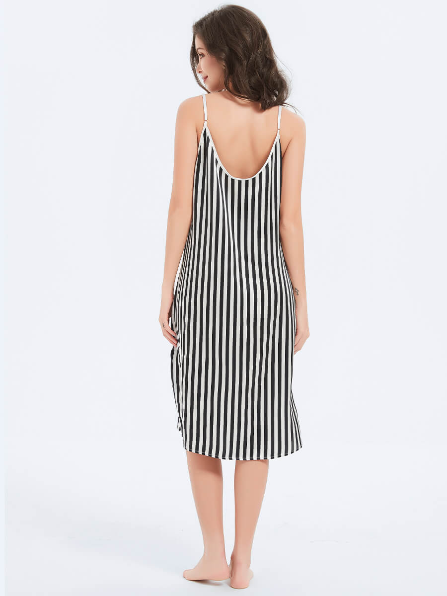 Vacation Black and White Striped Printed Loose Fit Silk Chemise