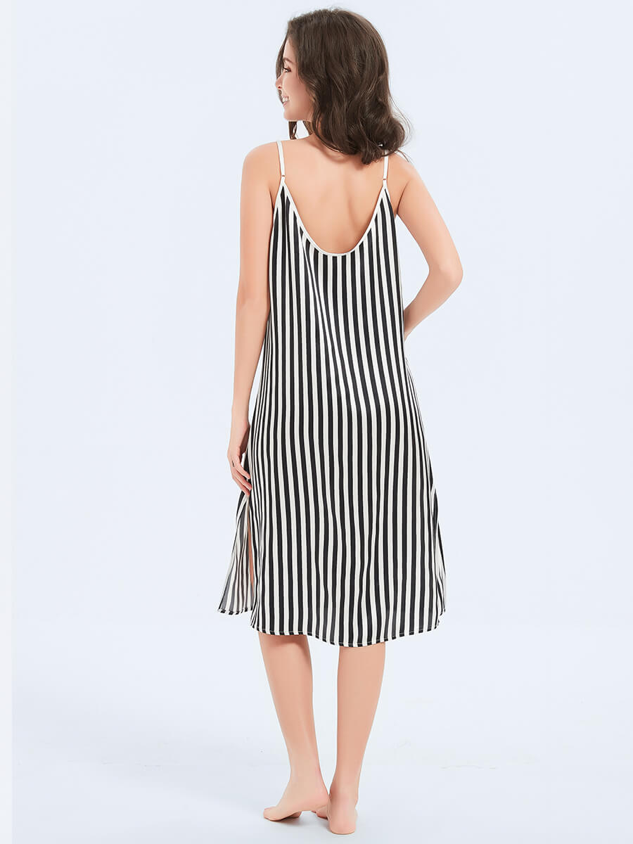 Vacation Black and White Striped Printed Loose Fit Silk Chemise