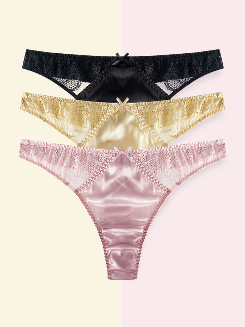 Women Silk G-string Panties With Lace Mesh