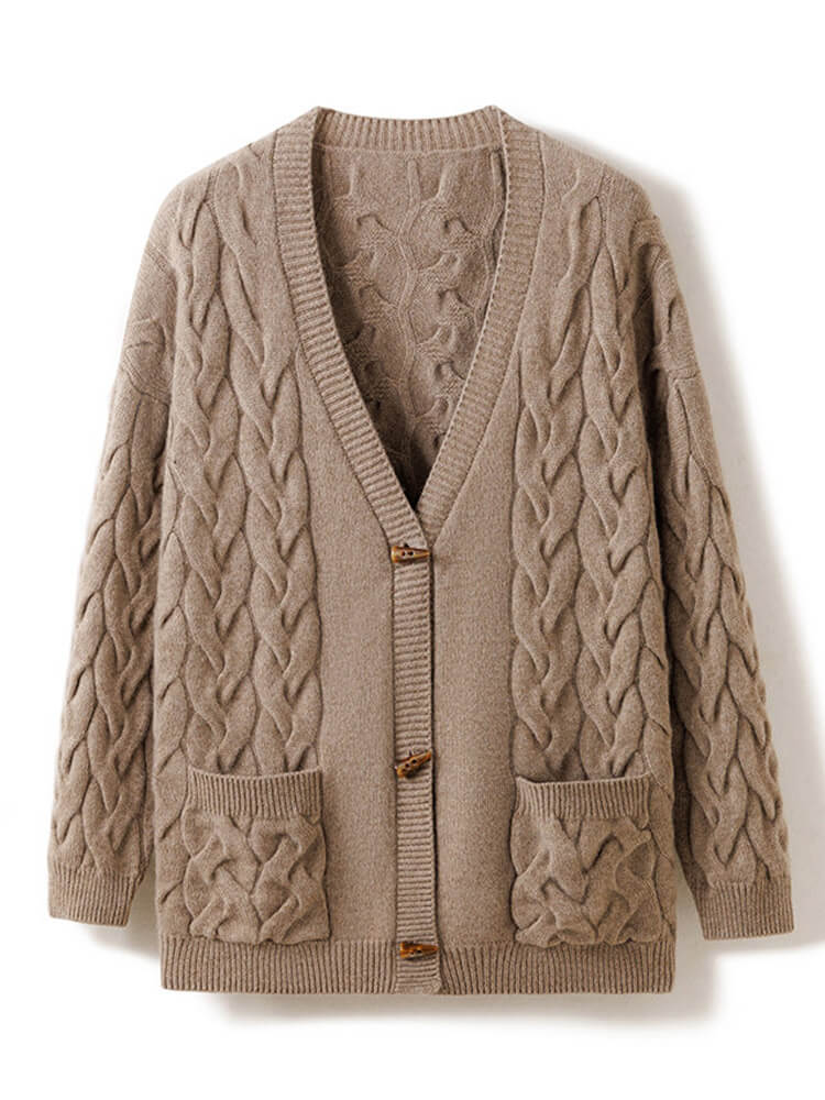 Cable Knit Mid Length Cashmere Cardigan with Horn Button