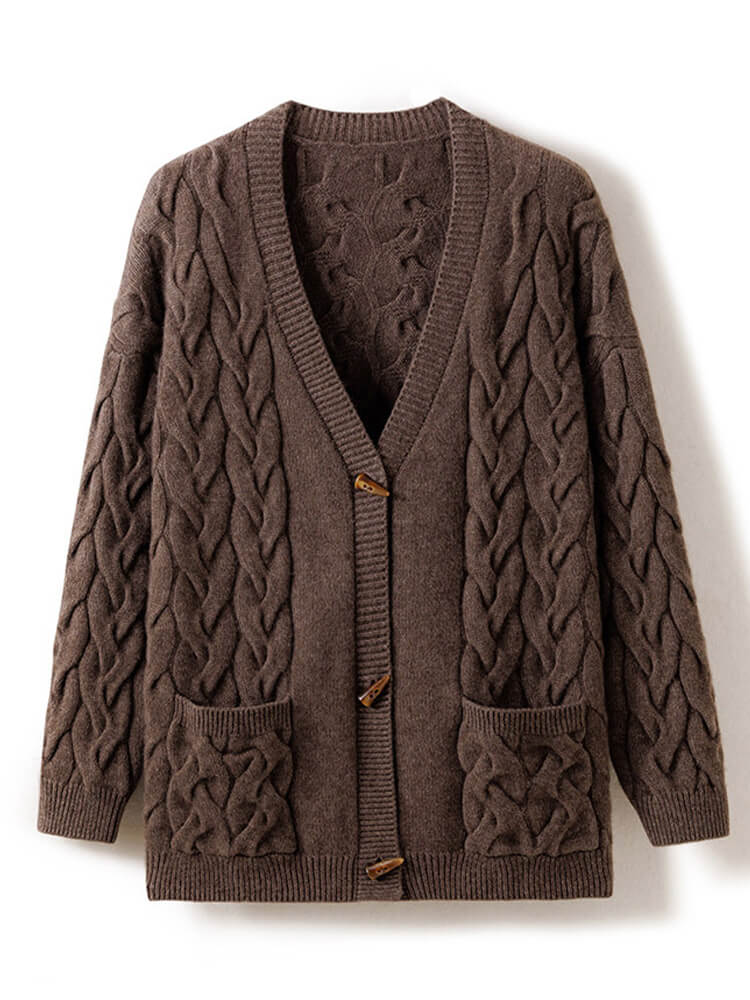 Cable Knit Mid Length Cashmere Cardigan with Horn Button