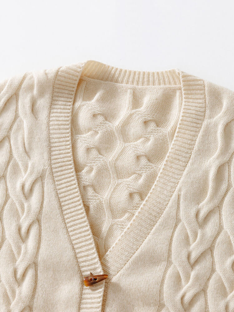 Cable Knit Mid Length Cashmere Cardigan with Horn Button