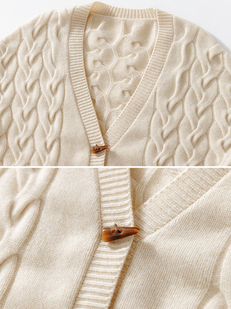 Cable Knit Mid Length Cashmere Cardigan with Horn Button