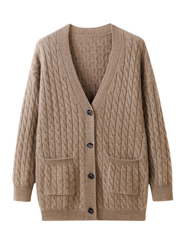 Casual Cable Knit V Neck Cashmere Cardigan Sweater