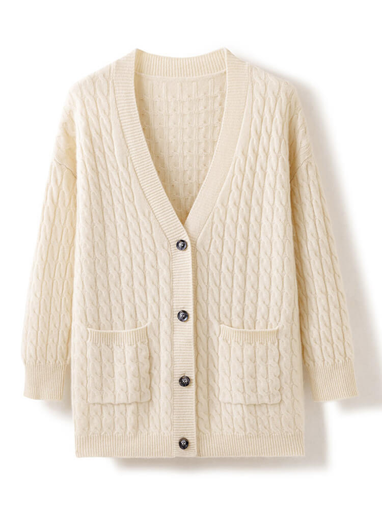 Casual Cable Knit V Neck Cashmere Cardigan Sweater