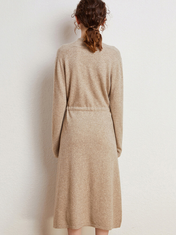 Elegant V-Neck Cashmere Midi Dress with Adjustable Waist Tie