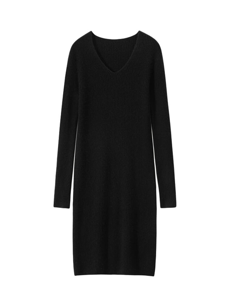 Long Sleeve Slim Fit V-Neck Ribbed Cashmere Knit Dress