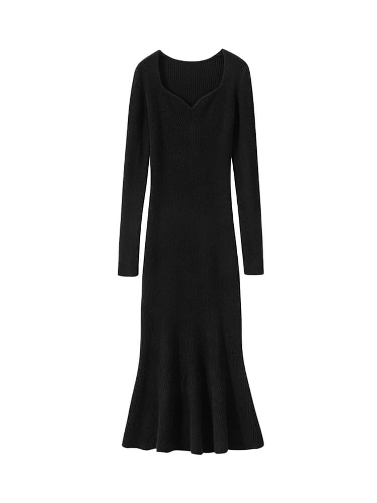 Sweetheart Neckline Long Sleeves Cashmere Ribbed Knit Dress