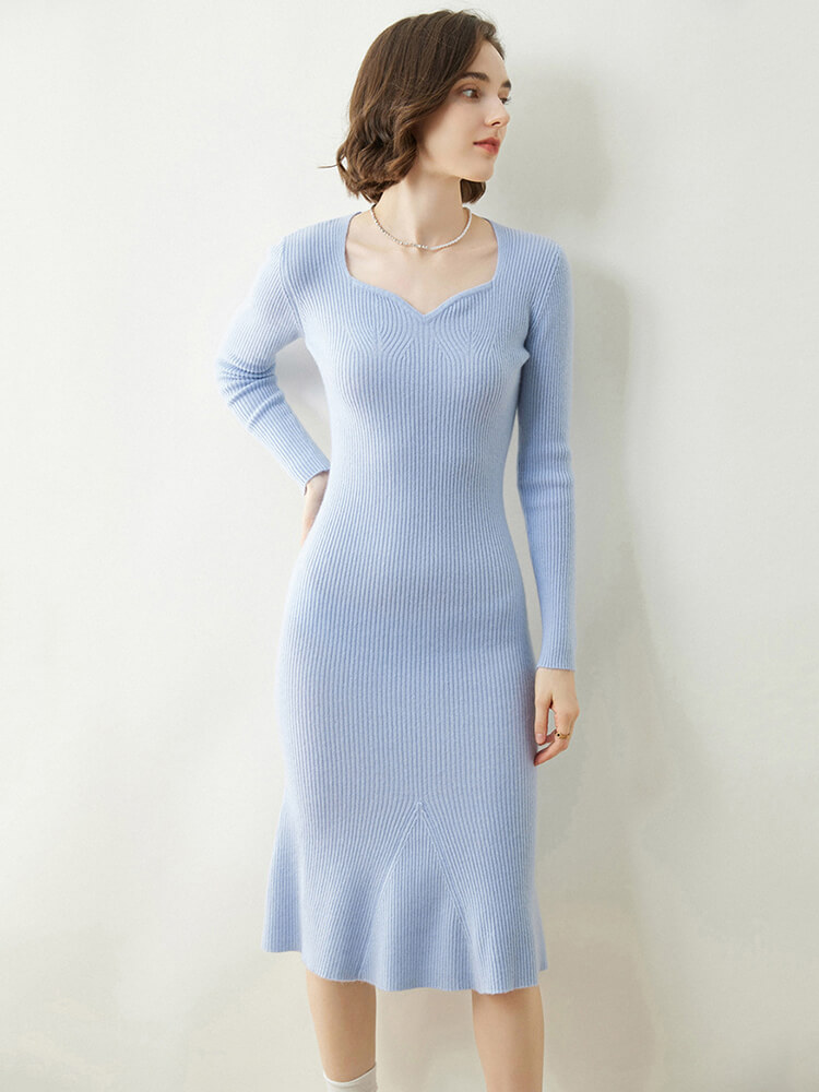 Sweetheart Neckline Long Sleeves Cashmere Ribbed Knit Dress