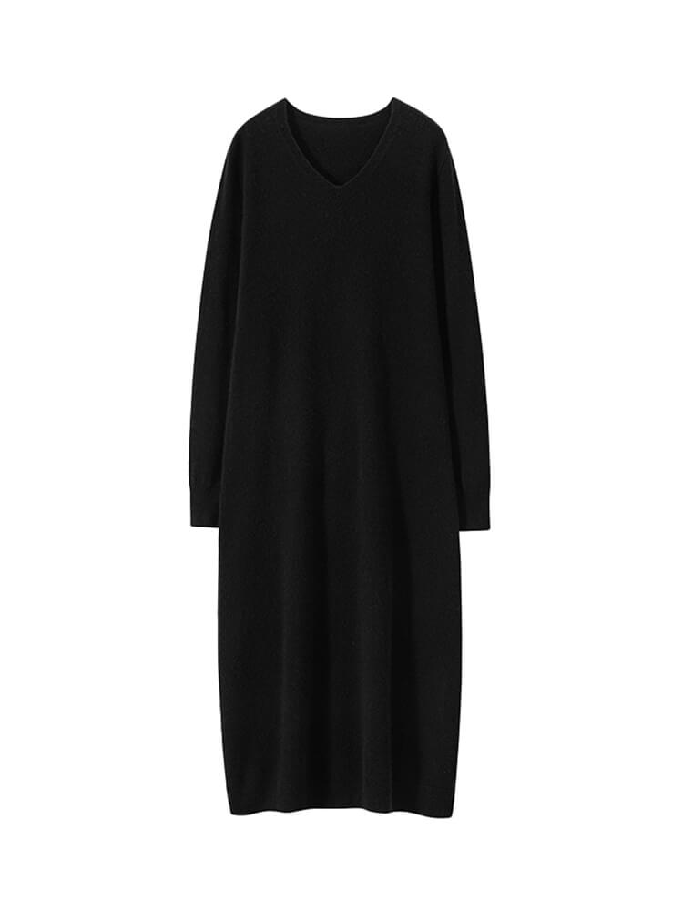 Cozy Long-Sleeve Classic V-Neck Cashmere Midi Dress