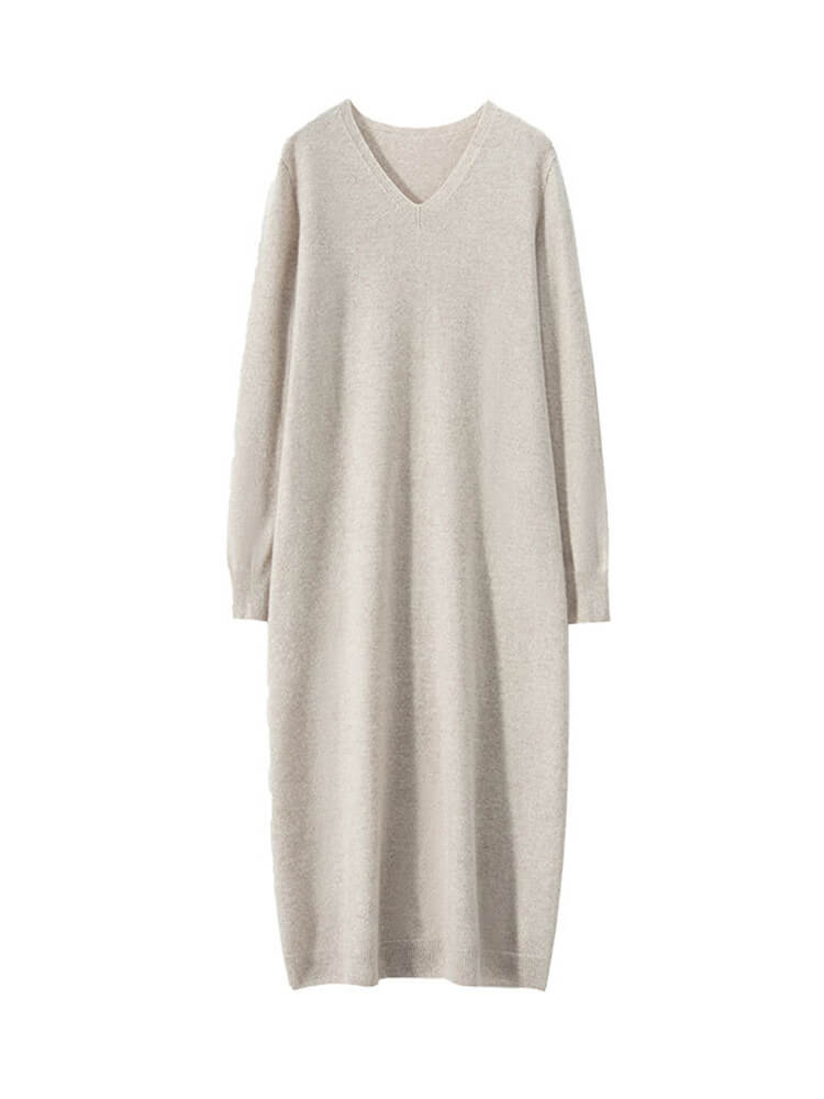 Cozy Long-Sleeve Classic V-Neck Cashmere Midi Dress