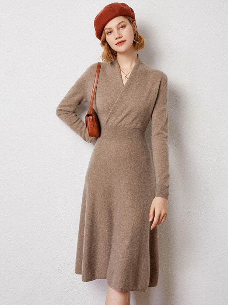 Elegant Long Sleeve A-Line Midi Cashmere Wrap Dress