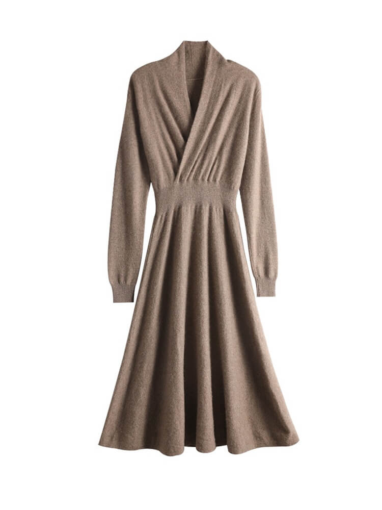 Elegant Long Sleeve A-Line Midi Cashmere Wrap Dress