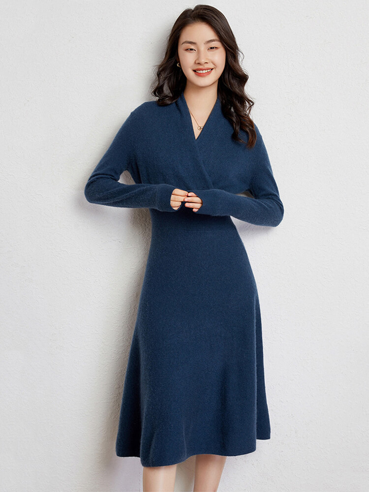 Elegant Long Sleeve A-Line Midi Cashmere Wrap Dress