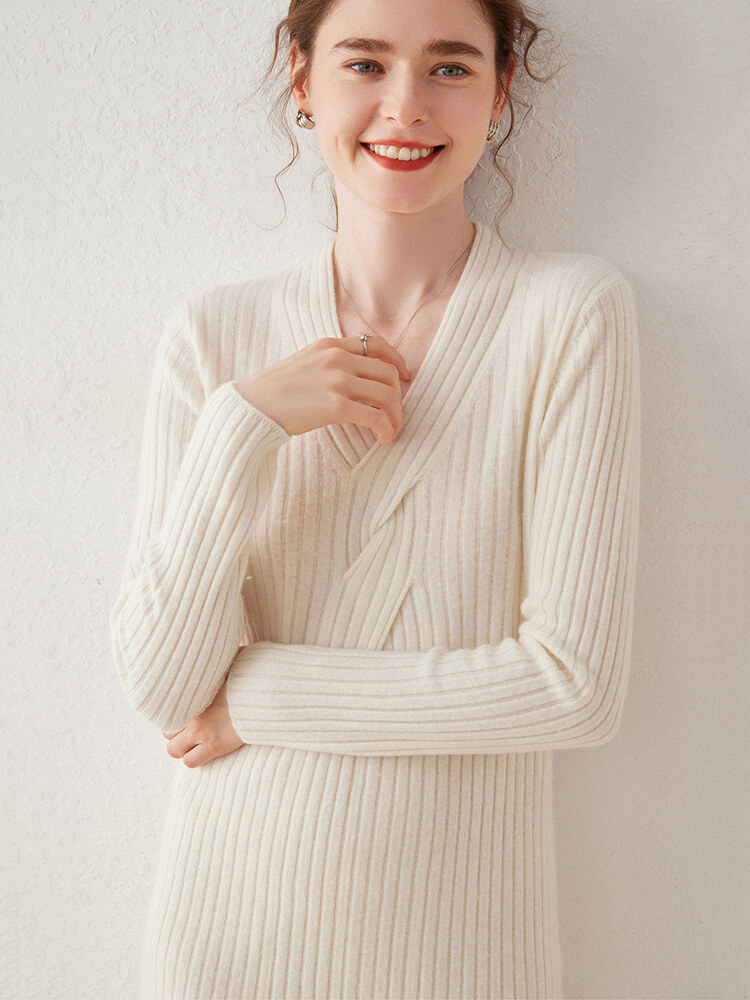 Elegant Ribbed V-Neck Long Sleeve Midi Cashmere Sweater Dress