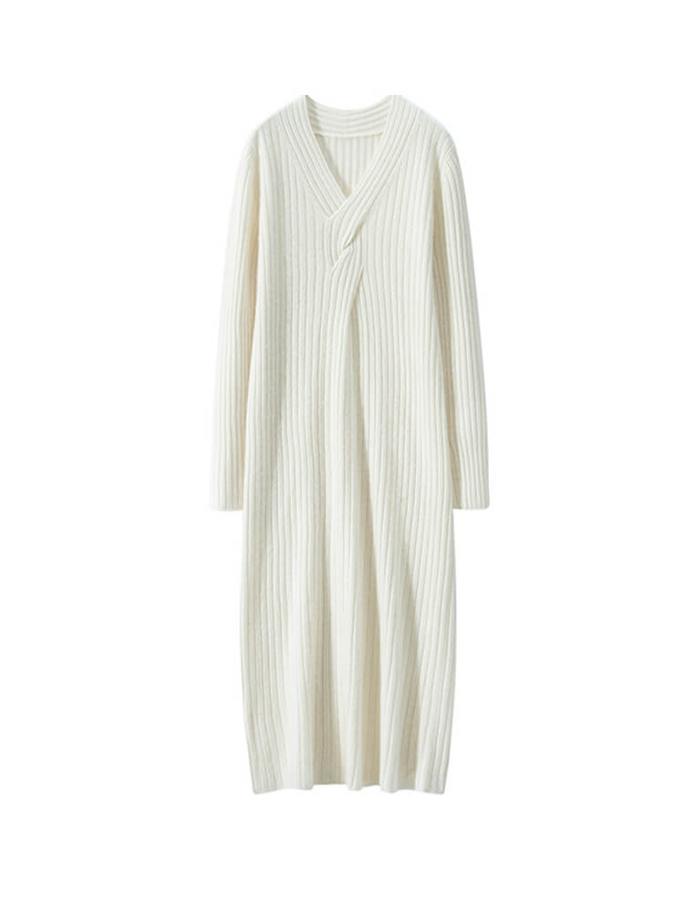 Elegant Ribbed V-Neck Long Sleeve Midi Cashmere Sweater Dress