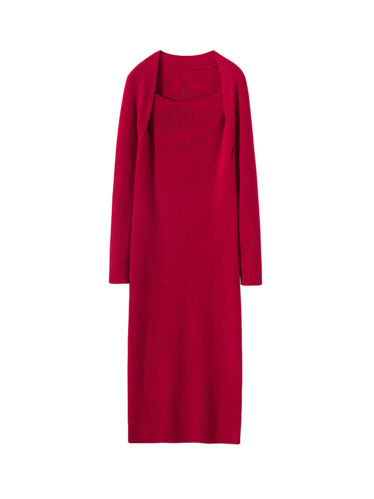 Bold Ribbed Square Neck Long Sleeve Midi Cashmere Sweater Dress