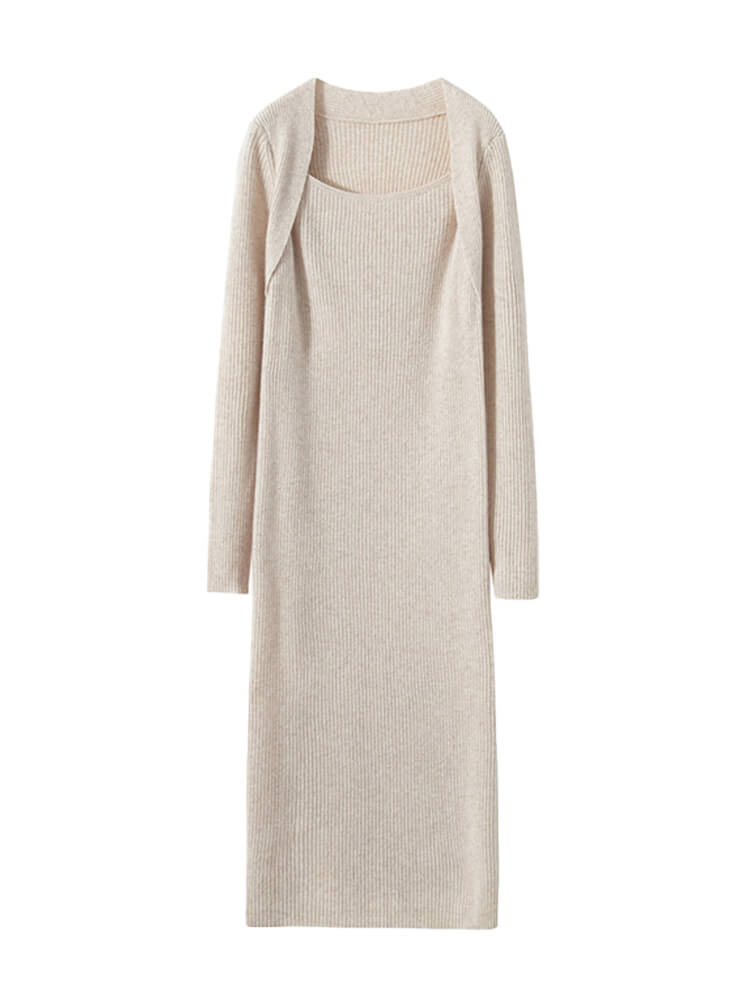 Bold Ribbed Square Neck Long Sleeve Midi Cashmere Sweater Dress