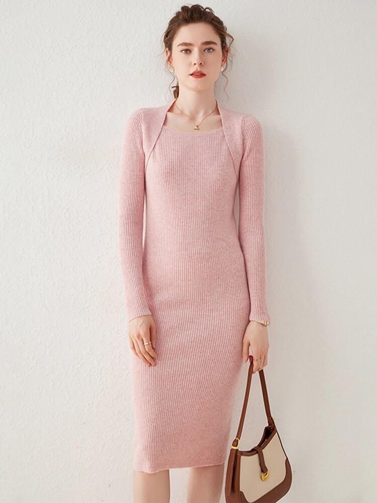 Bold Ribbed Square Neck Long Sleeve Midi Cashmere Sweater Dress